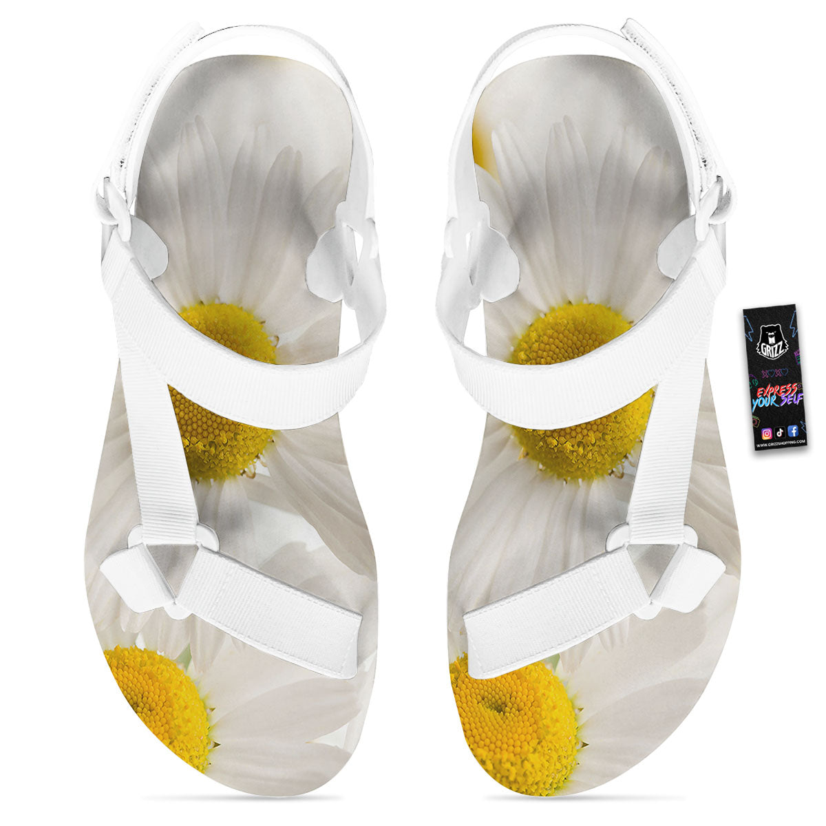 Flower White Daisy Print White Open Toe Sandals-grizzshop