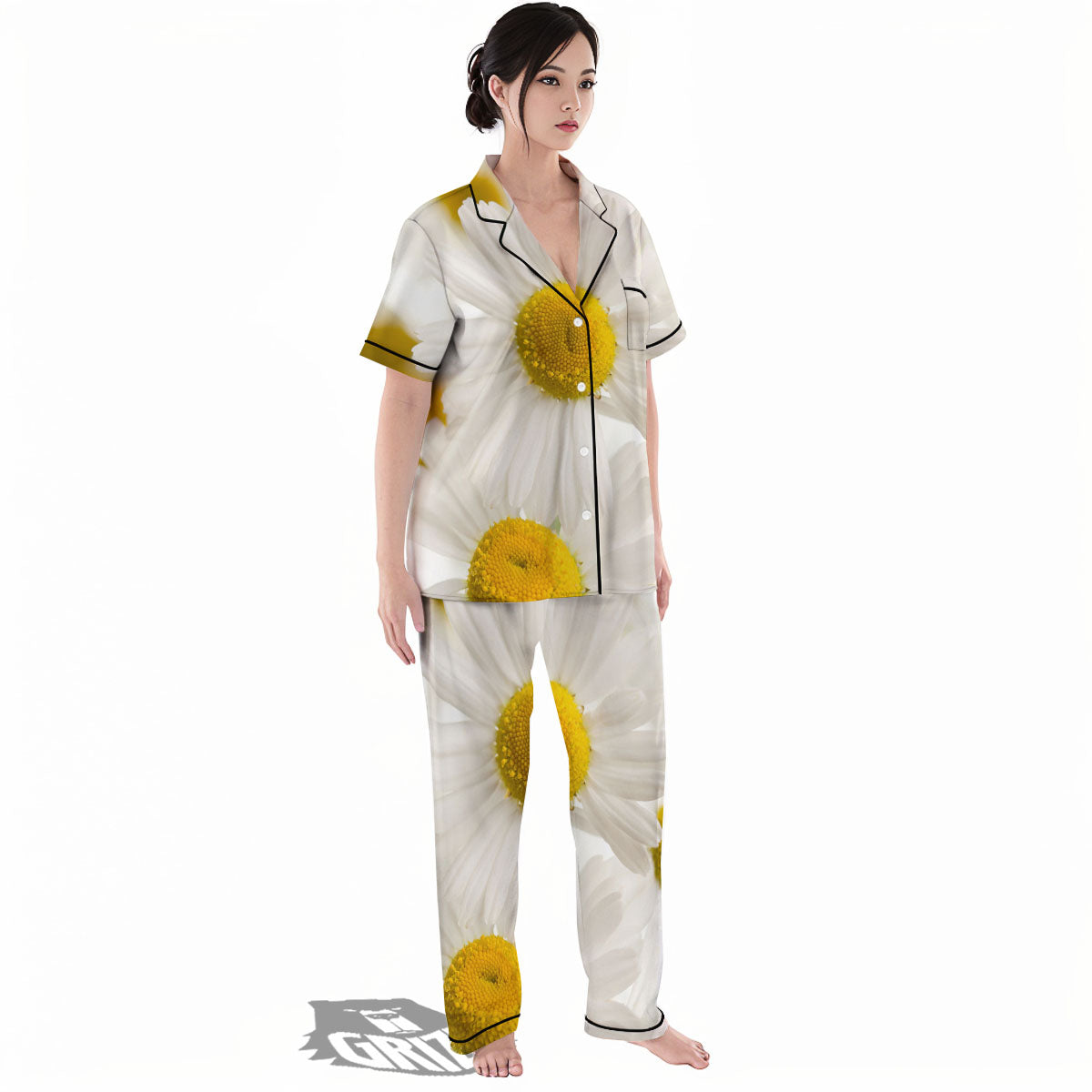 Flower White Daisy Print Women's Pajamas Set-grizzshop