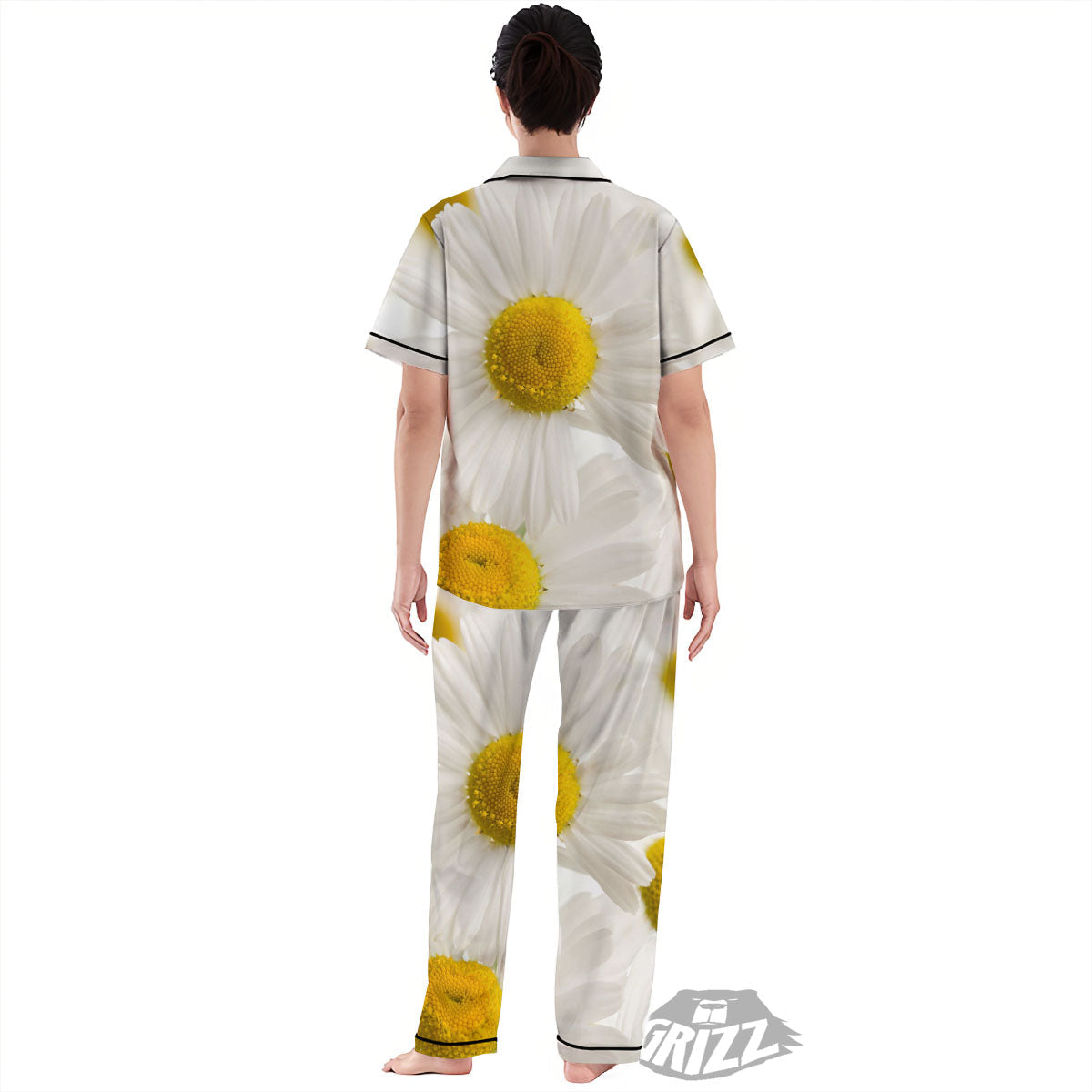 Flower White Daisy Print Women's Pajamas Set-grizzshop