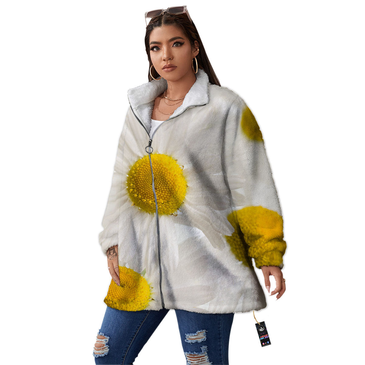 Flower White Daisy Print Women's Sherpa Jacket-grizzshop