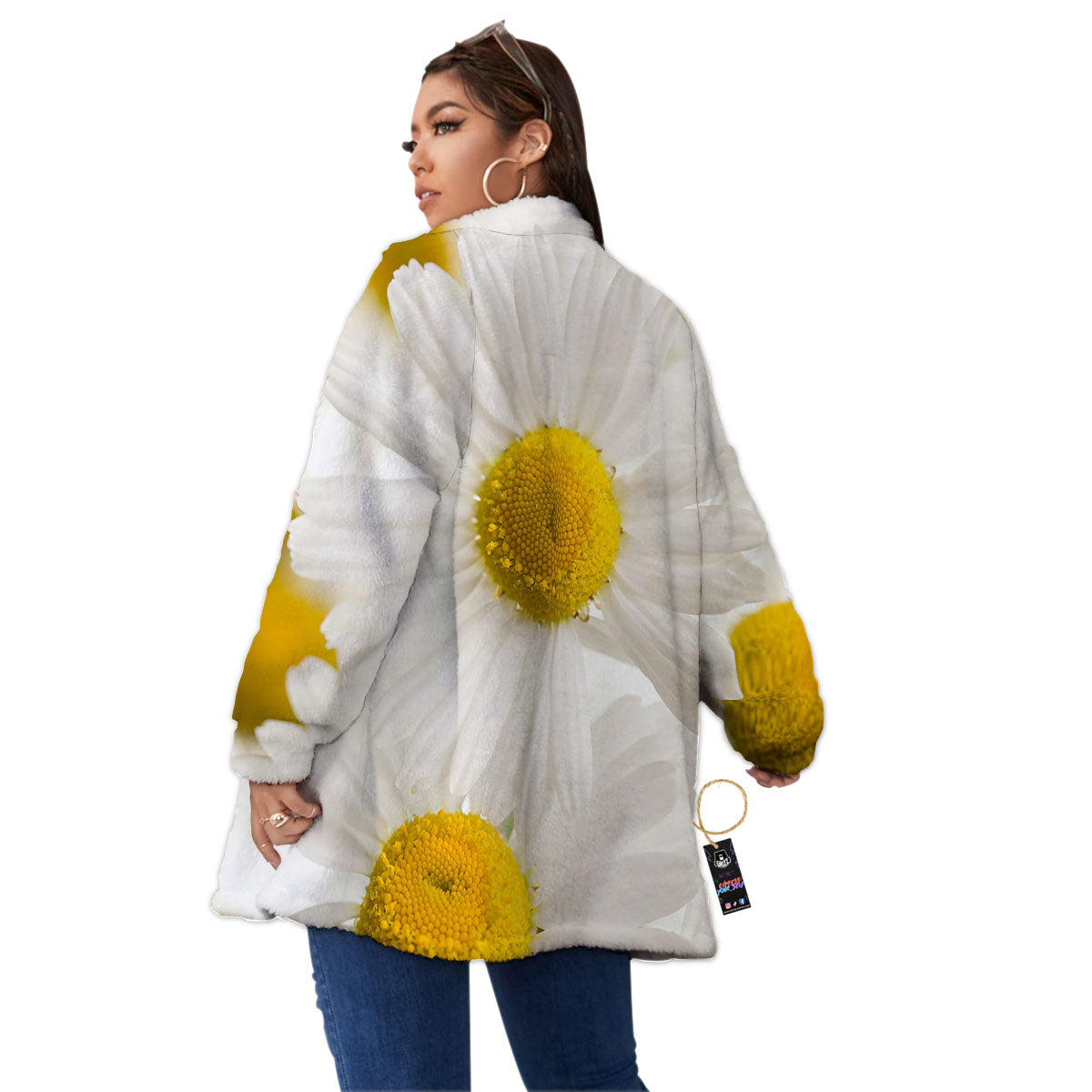 Flower White Daisy Print Women's Sherpa Jacket-grizzshop