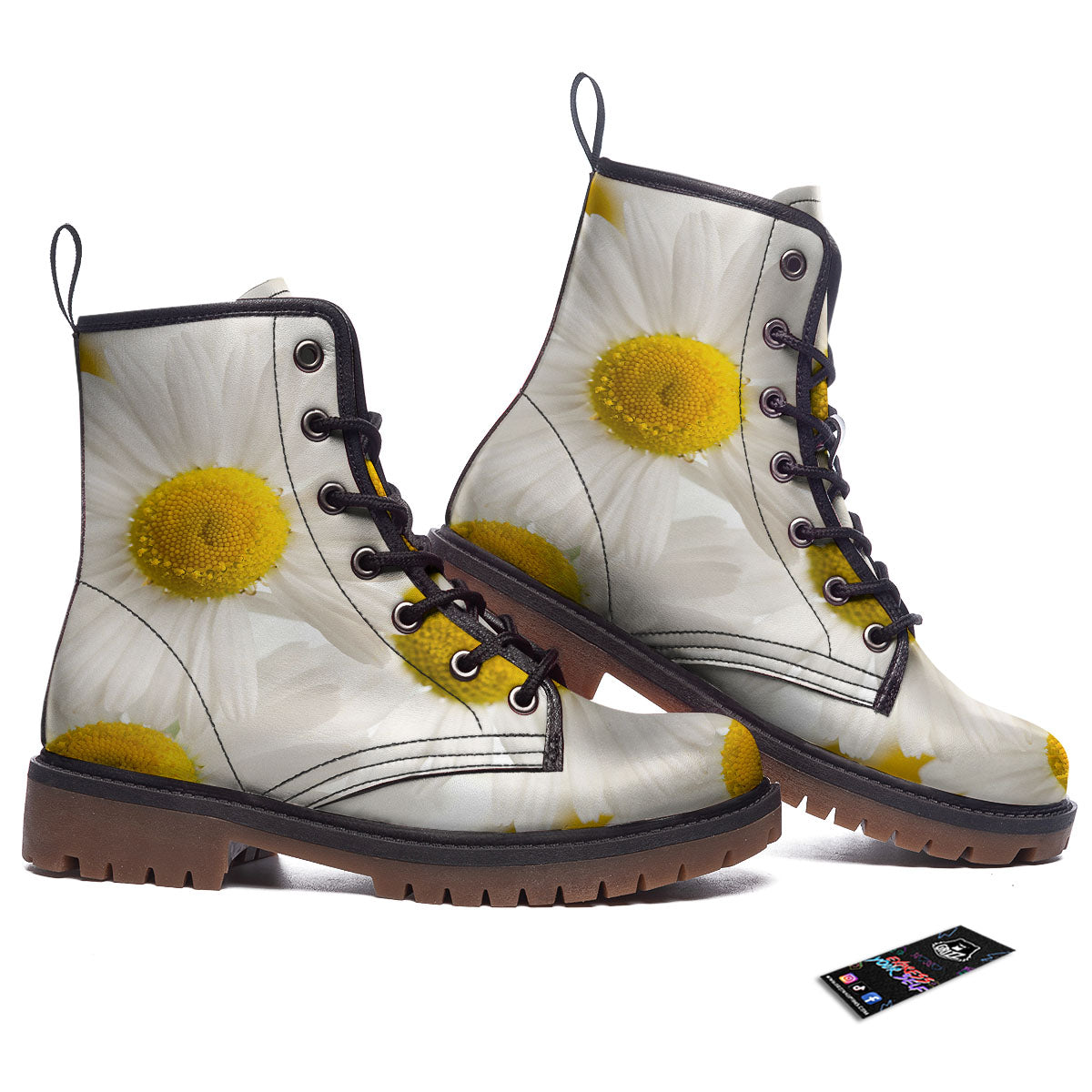 Flower White Daisy Print Work Boots-grizzshop