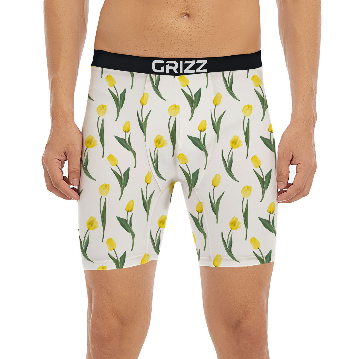 Flower Yellow Tulip White Print Pattern Boxer Briefs-grizzshop