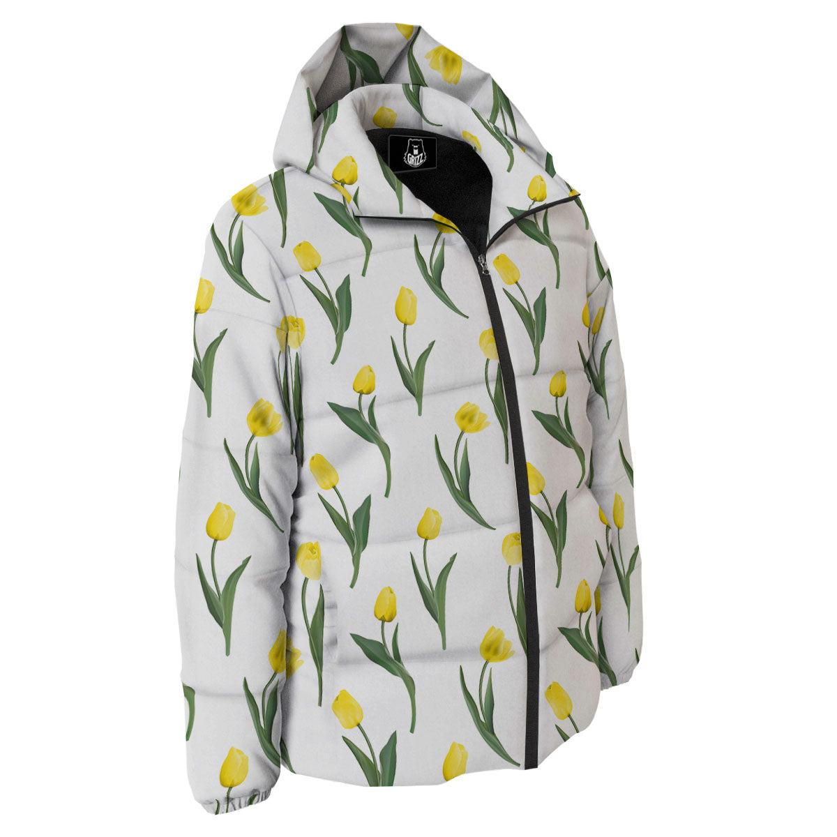 Flower Yellow Tulip White Print Pattern Down Jacket-grizzshop