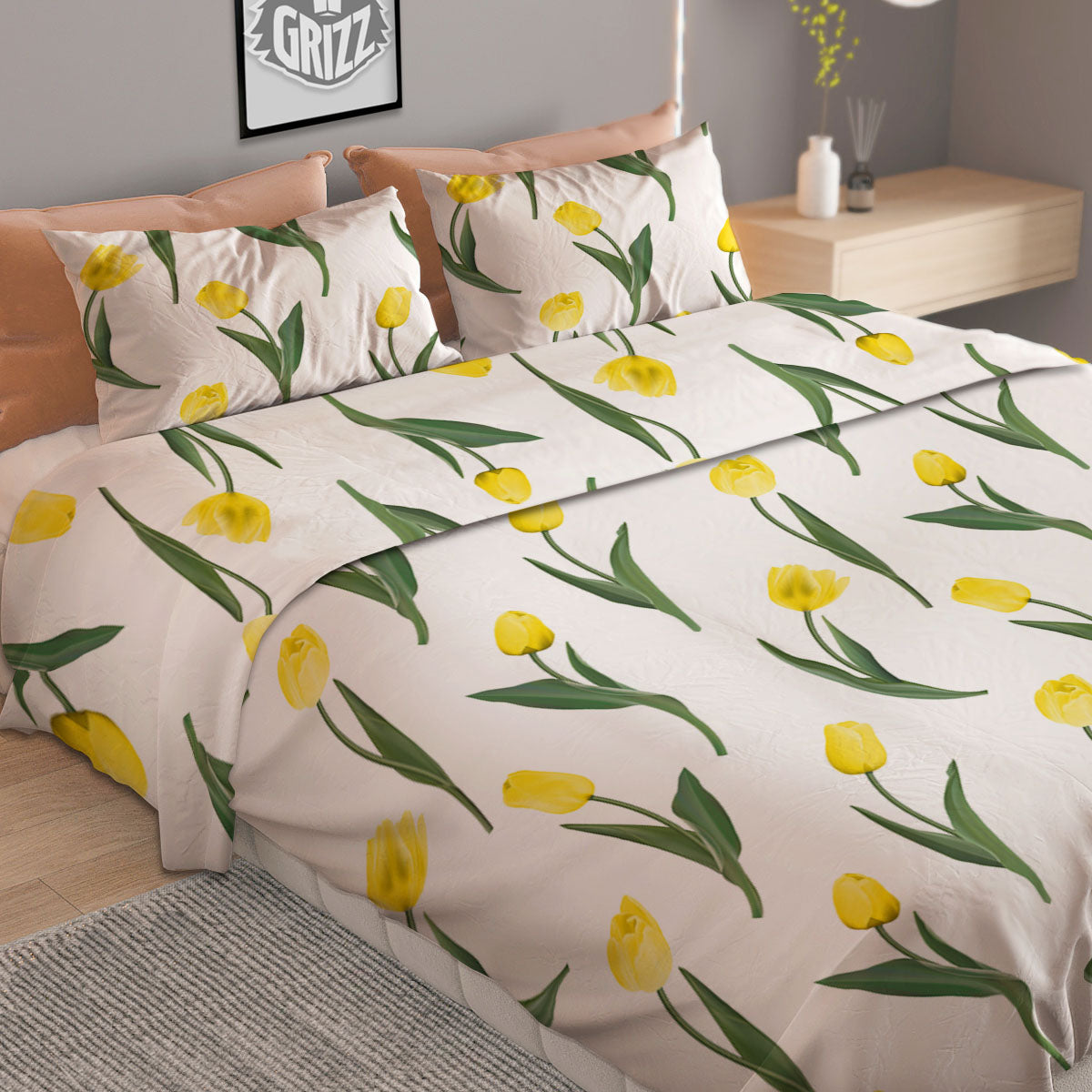 Flower Yellow Tulip White Print Pattern Duvet Cover Bedding Set-grizzshop