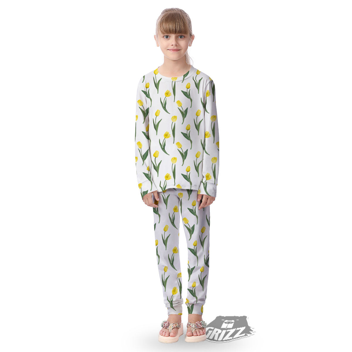 Flower Yellow Tulip White Print Pattern Kid's Pajamas-grizzshop