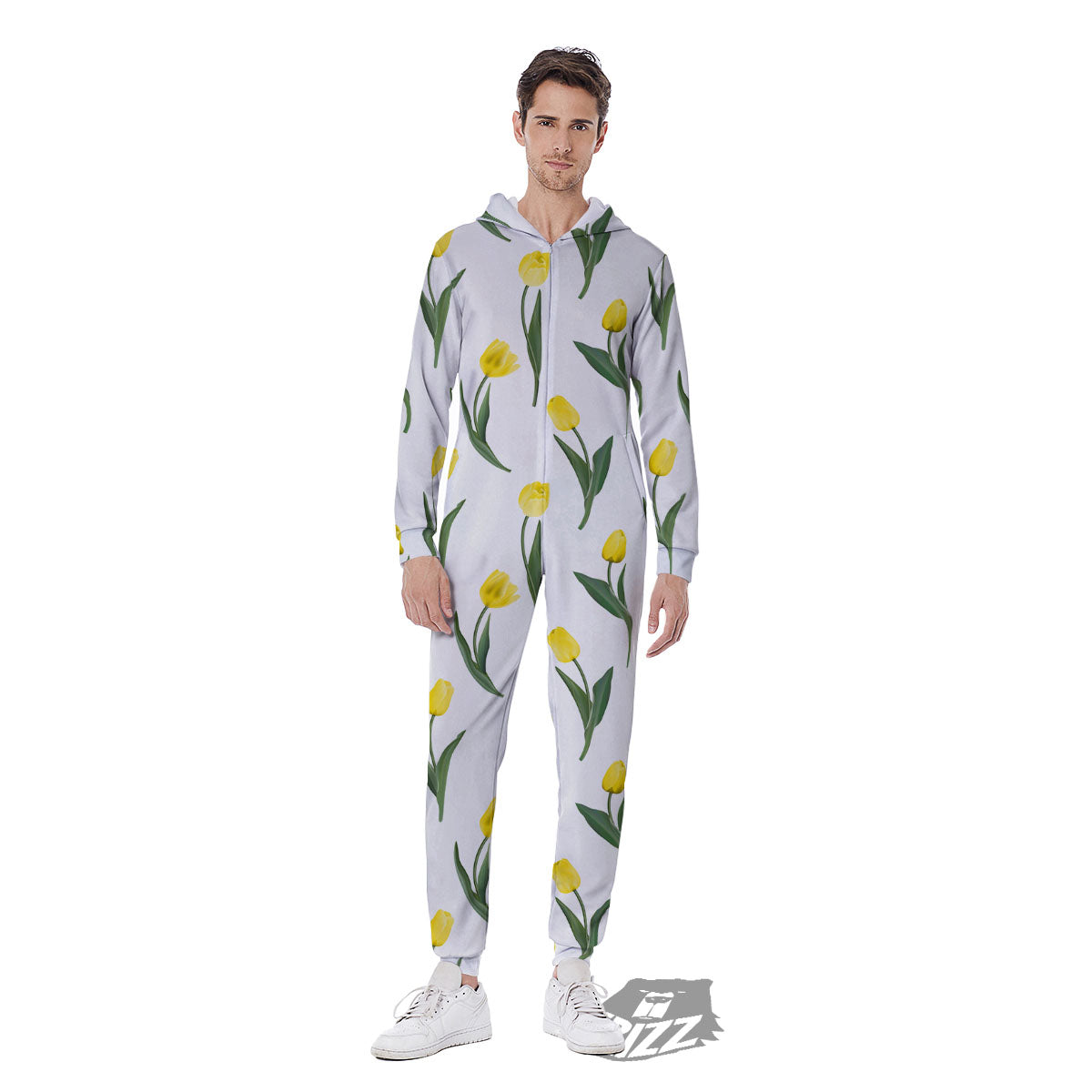 Flower Yellow Tulip White Print Pattern Men's Jumpsuit-grizzshop