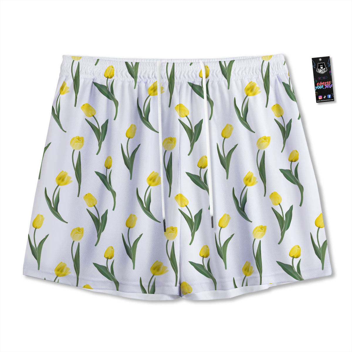 Flower Yellow Tulip White Print Pattern Mesh Shorts-grizzshop