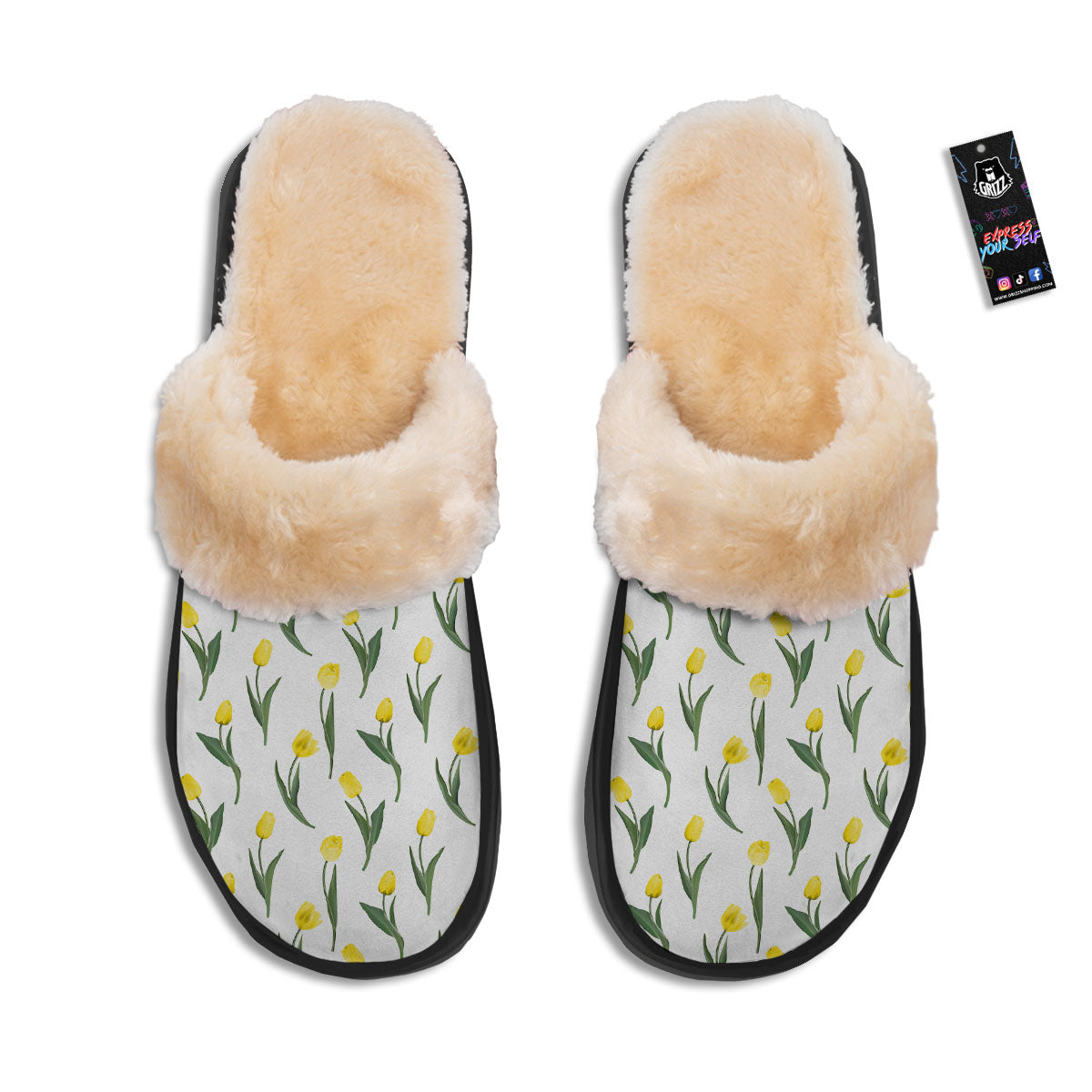 Flower Yellow Tulip White Print Pattern Slippers-grizzshop