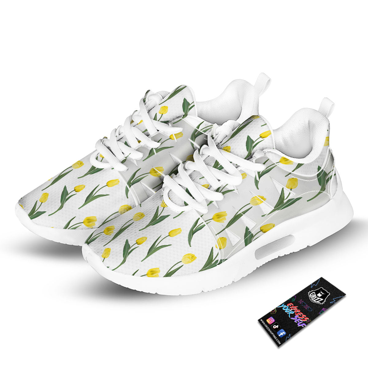 Flower Yellow Tulip White Print Pattern Tennis Shoes-grizzshop