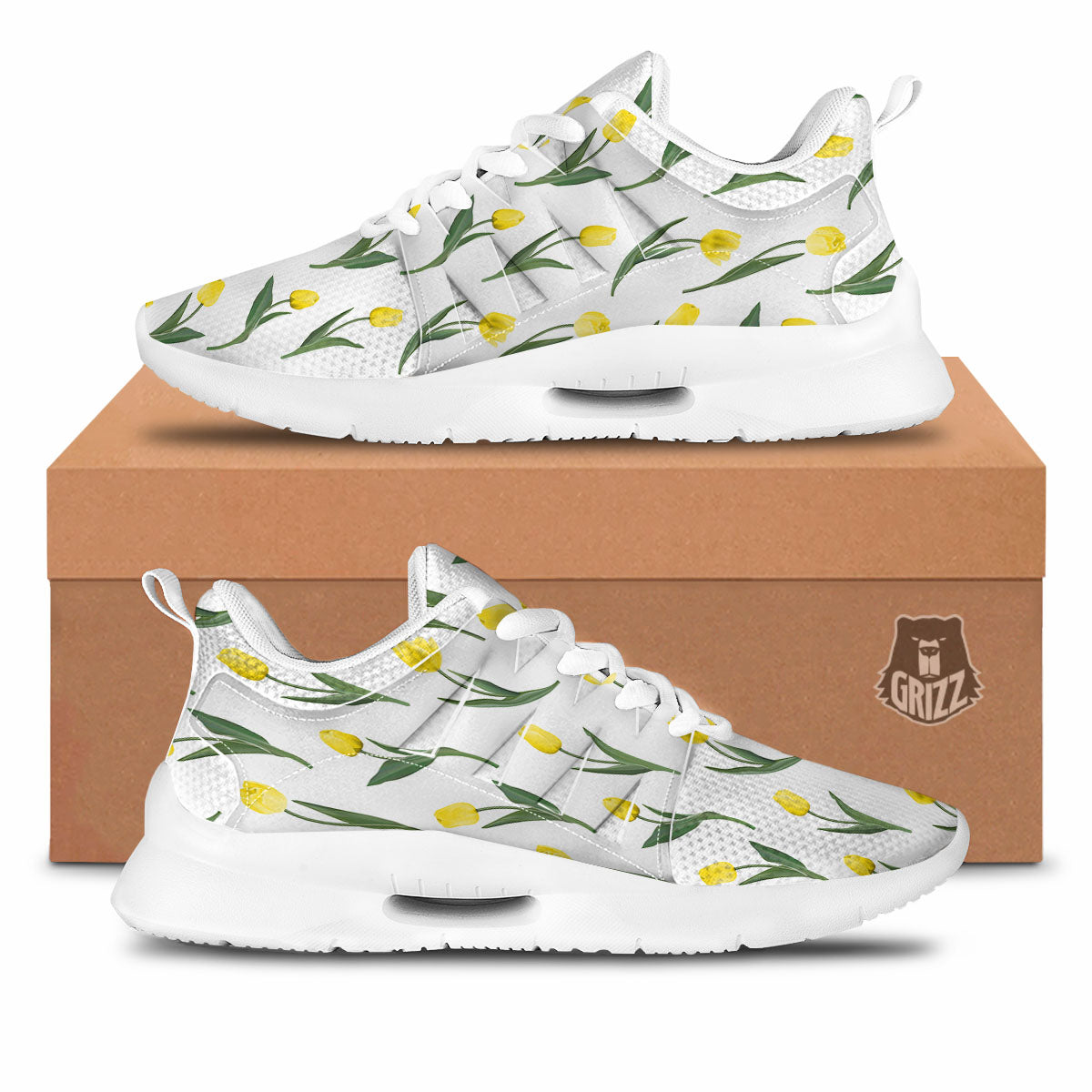Flower Yellow Tulip White Print Pattern Tennis Shoes-grizzshop