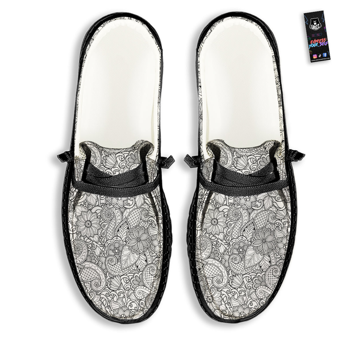 Flower Zentangle Print Pattern Black Loafers-grizzshop