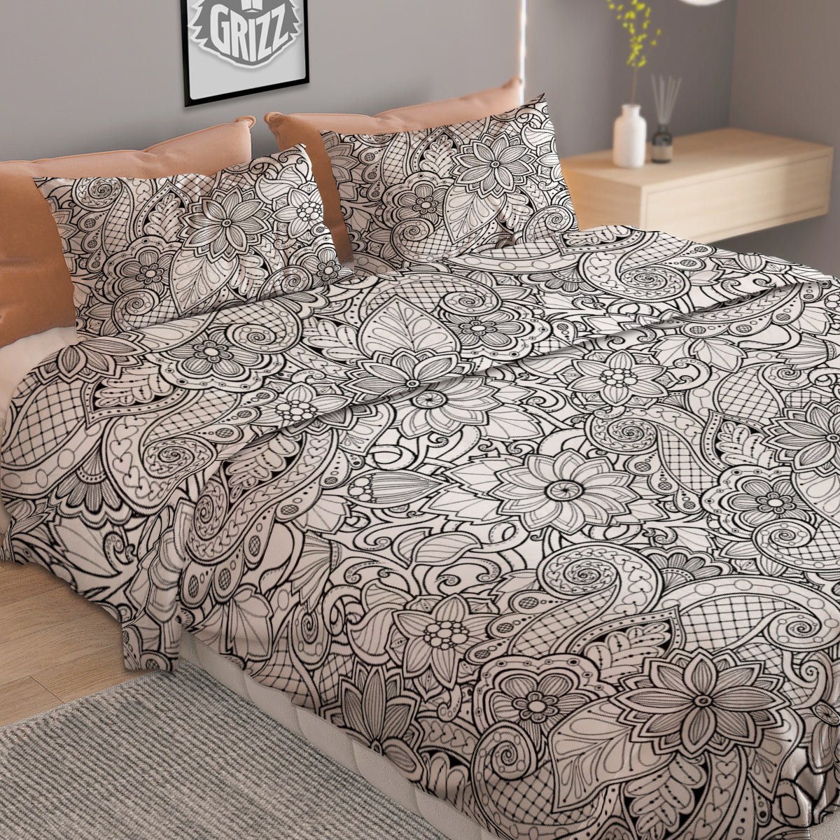 Flower Zentangle Print Pattern Duvet Cover Bedding Set-grizzshop