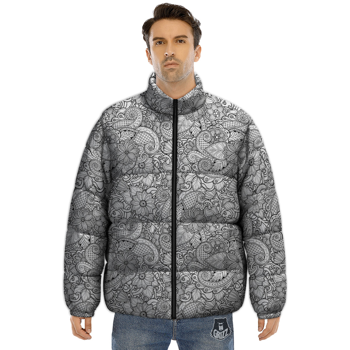 Flower Zentangle Print Pattern Puffer Jacket-grizzshop