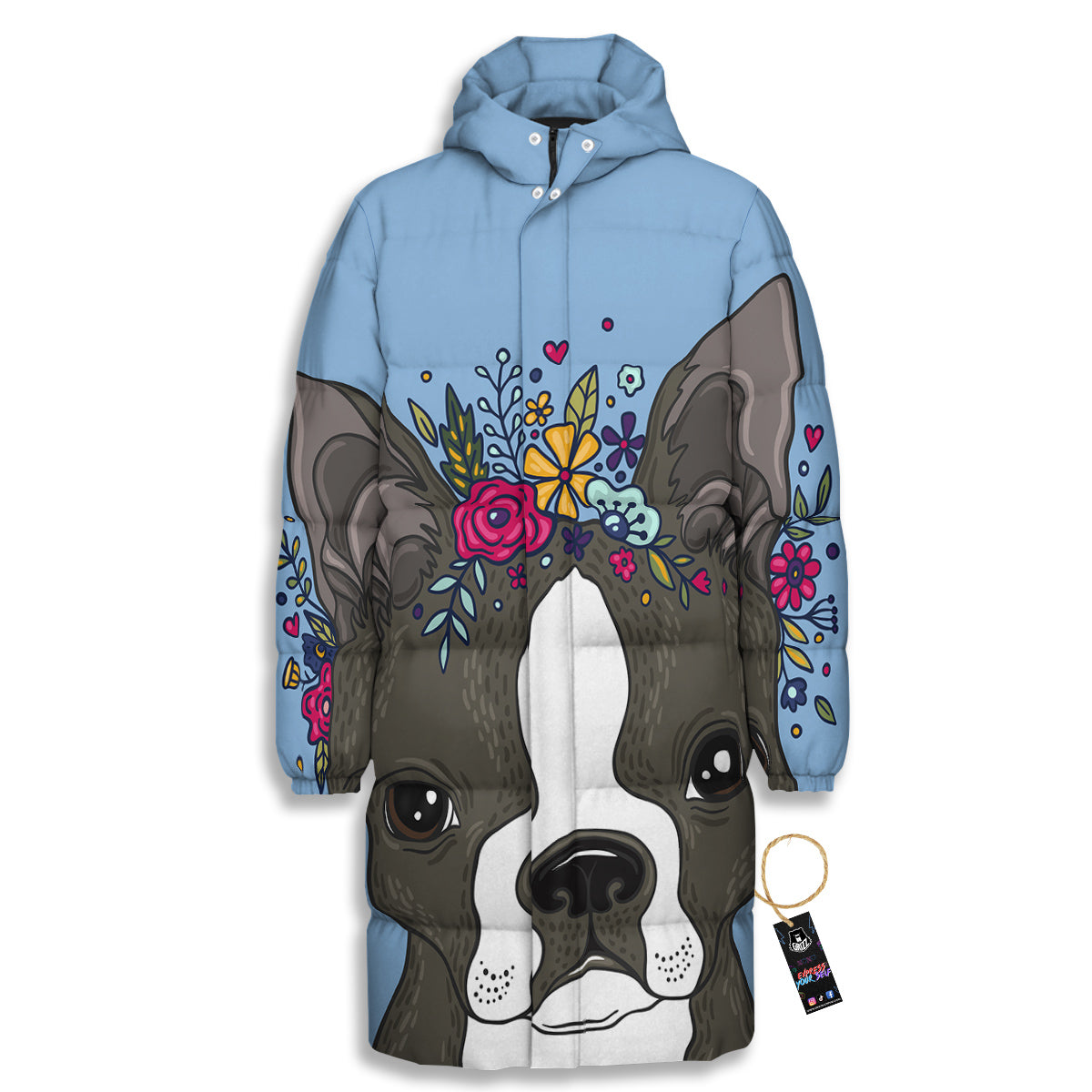 Flower Boston Terrier Cartoon Print Long Down Jacket