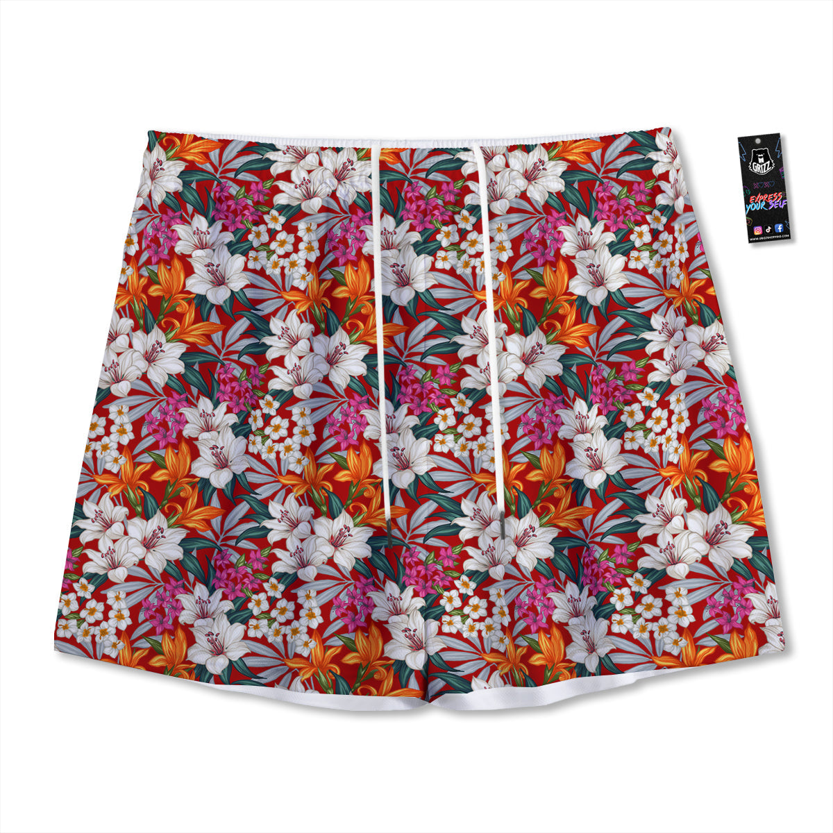 Flowers Aloha Hawaiian Print Pattern Mesh Shorts-grizzshop