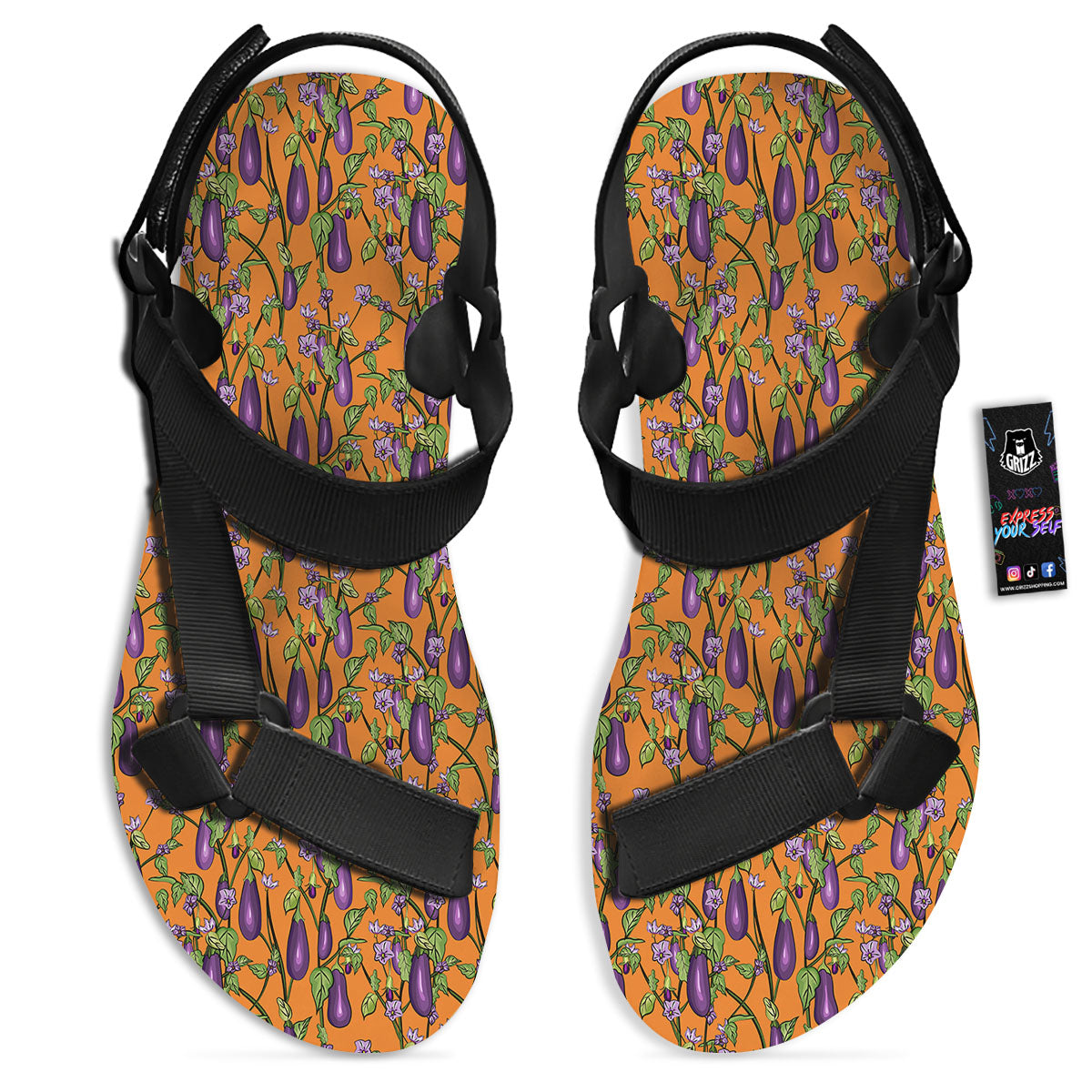 Flowers And Eggplant With Leaves Print Black Open Toe Sandals-grizzshop