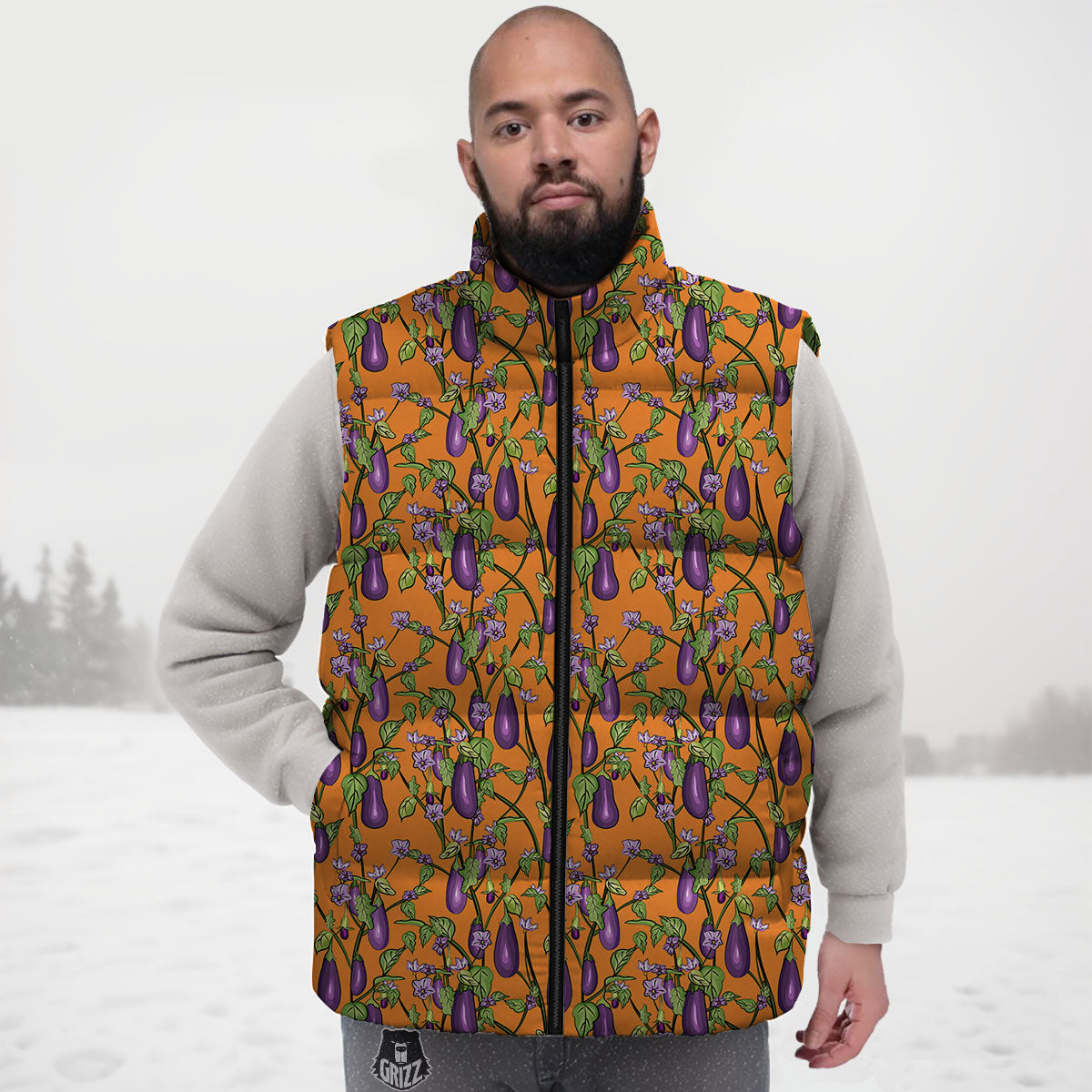 Flowers And Eggplant With Leaves Print Down Vest-grizzshop