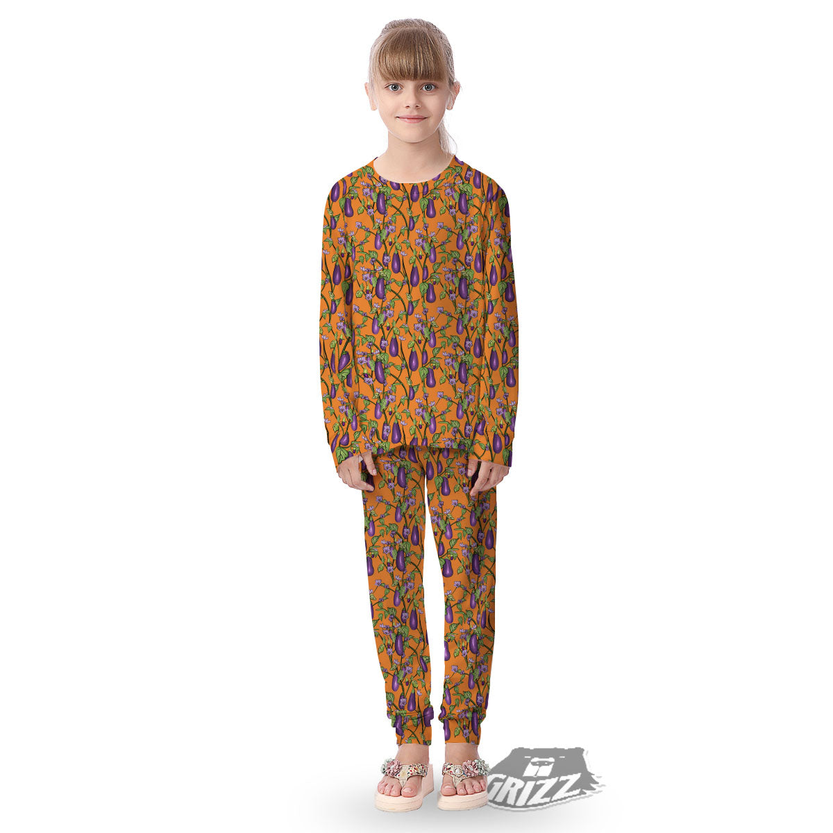 Flowers And Eggplant With Leaves Print Kid's Pajamas-grizzshop