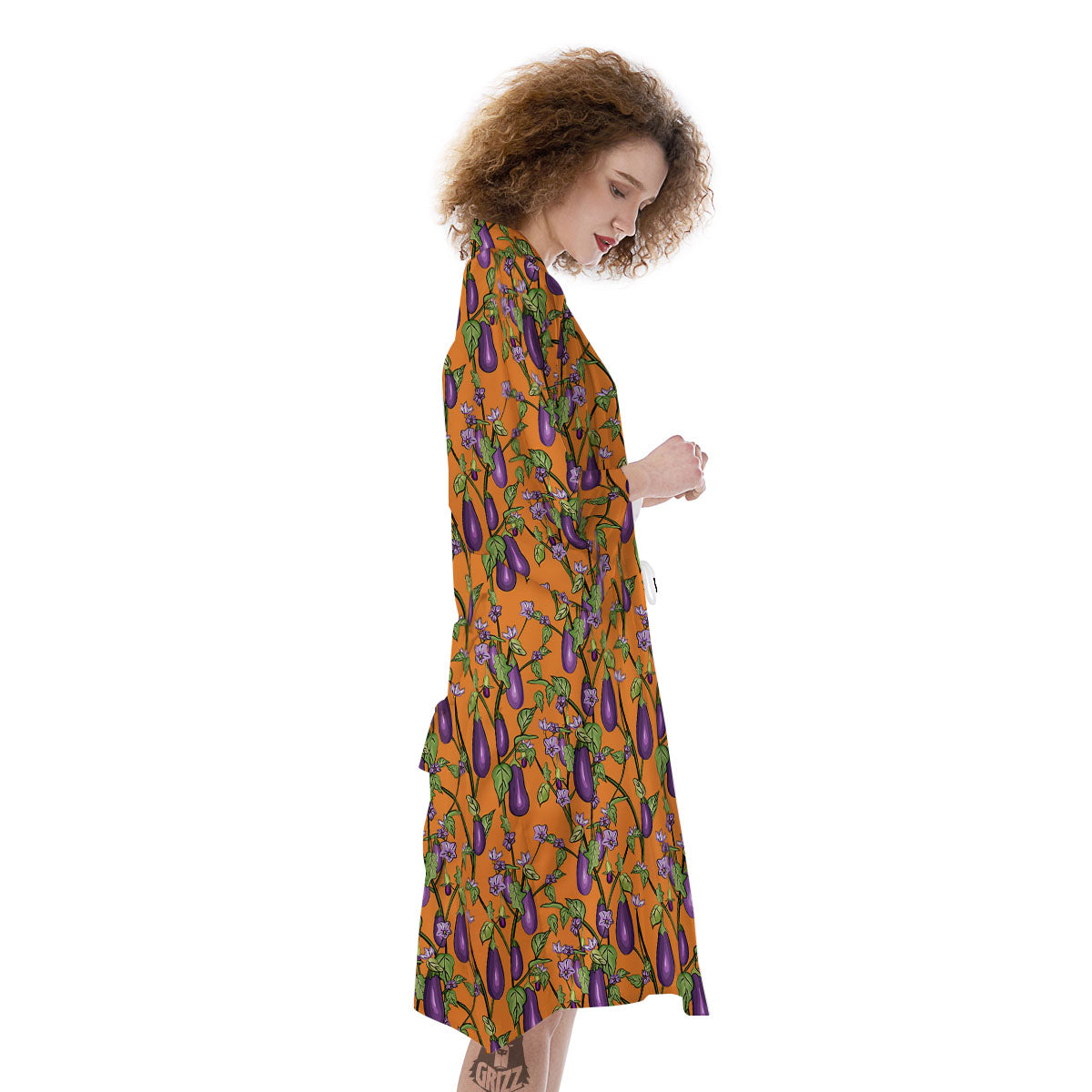 Flowers And Eggplant With Leaves Print Kimono-grizzshop