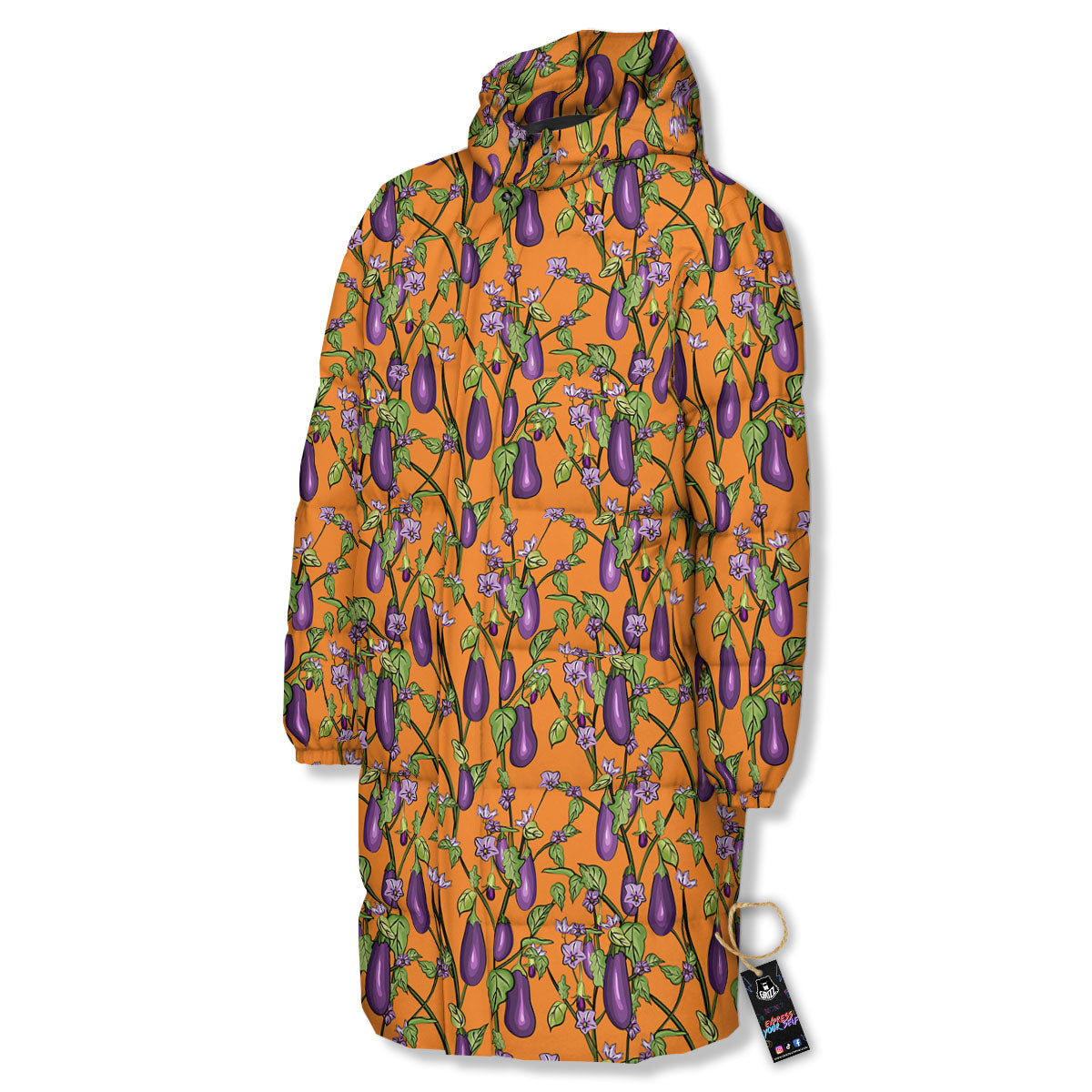 Flowers And Eggplant With Leaves Print Long Down Jacket-grizzshop