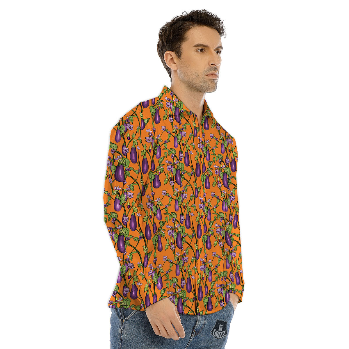Flowers And Eggplant With Leaves Print Men's Dress Shirts-grizzshop