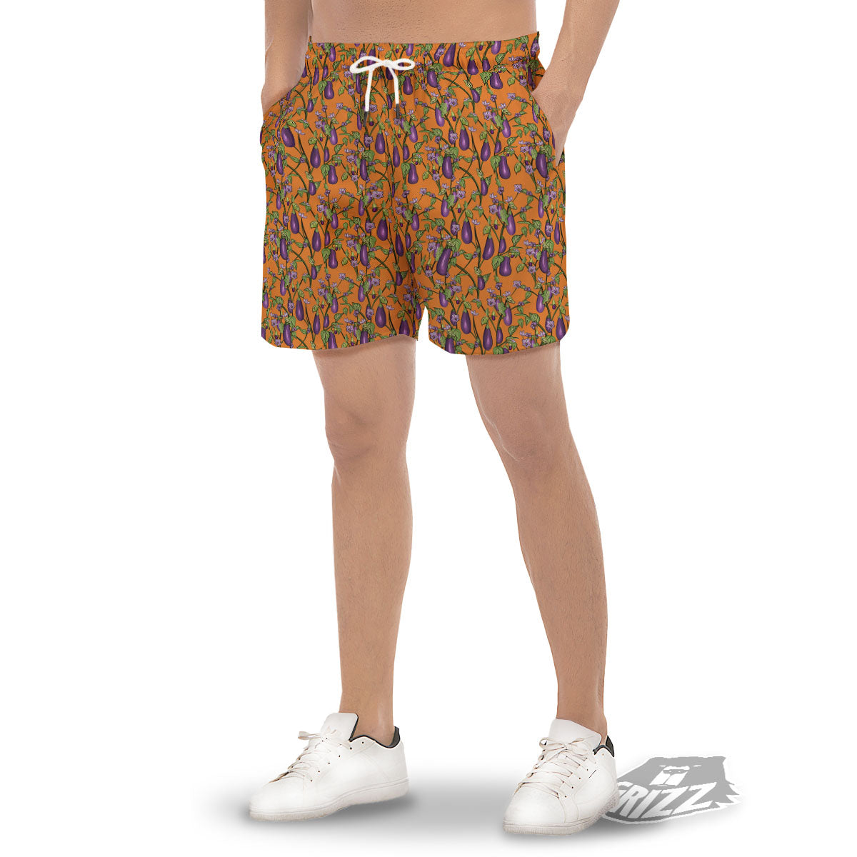 Flowers And Eggplant With Leaves Print Men's Gym Shorts-grizzshop