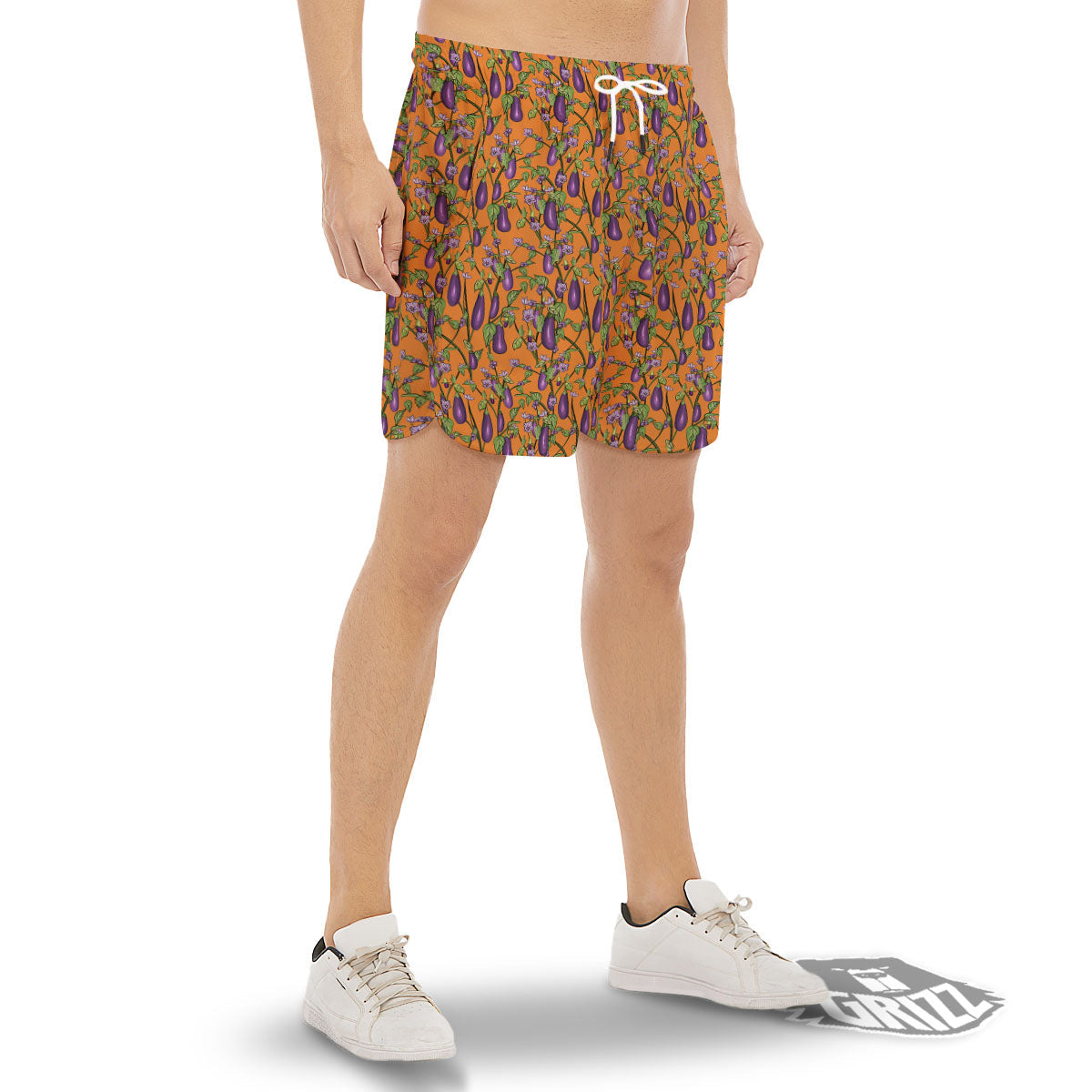Flowers And Eggplant With Leaves Print Men's Gym Shorts-grizzshop