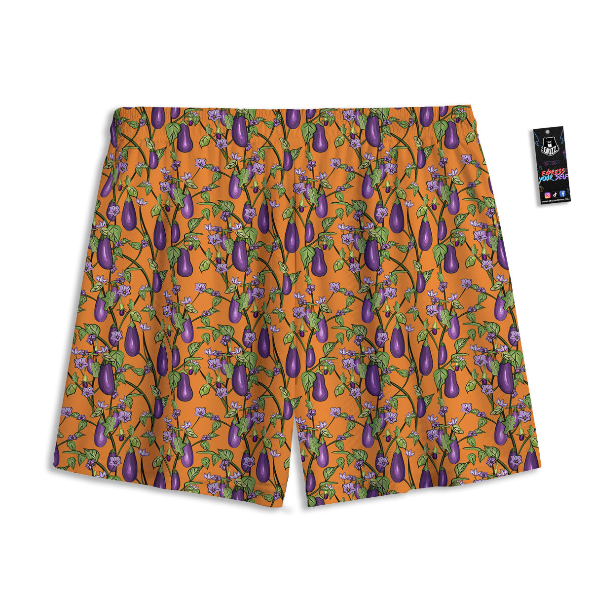 Flowers And Eggplant With Leaves Print Mesh Shorts-grizzshop