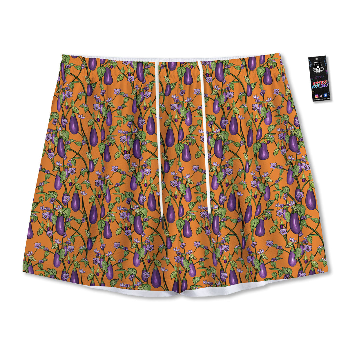 Flowers And Eggplant With Leaves Print Mesh Shorts-grizzshop