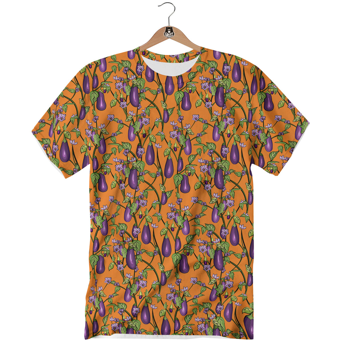 Flowers And Eggplant With Leaves Print T-Shirt-grizzshop