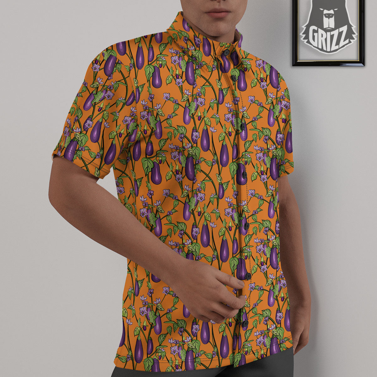 Flowers And Eggplant With Leaves Print Untucked Shirts-grizzshop