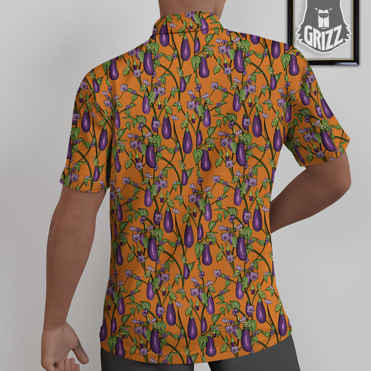 Flowers And Eggplant With Leaves Print Untucked Shirts-grizzshop
