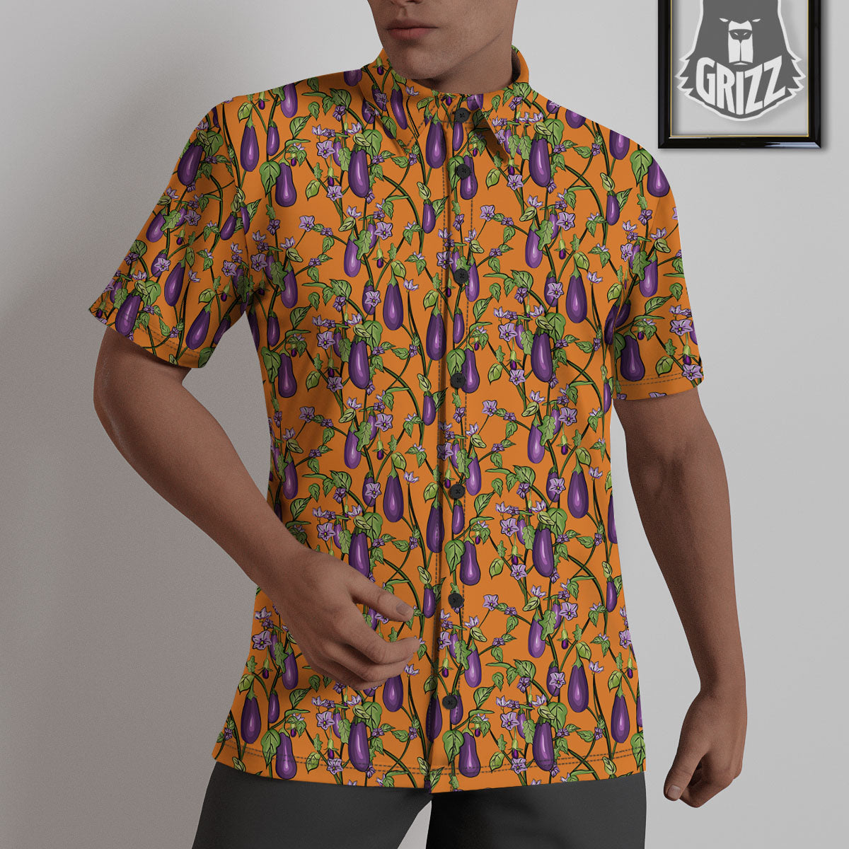 Flowers And Eggplant With Leaves Print Untucked Shirts-grizzshop