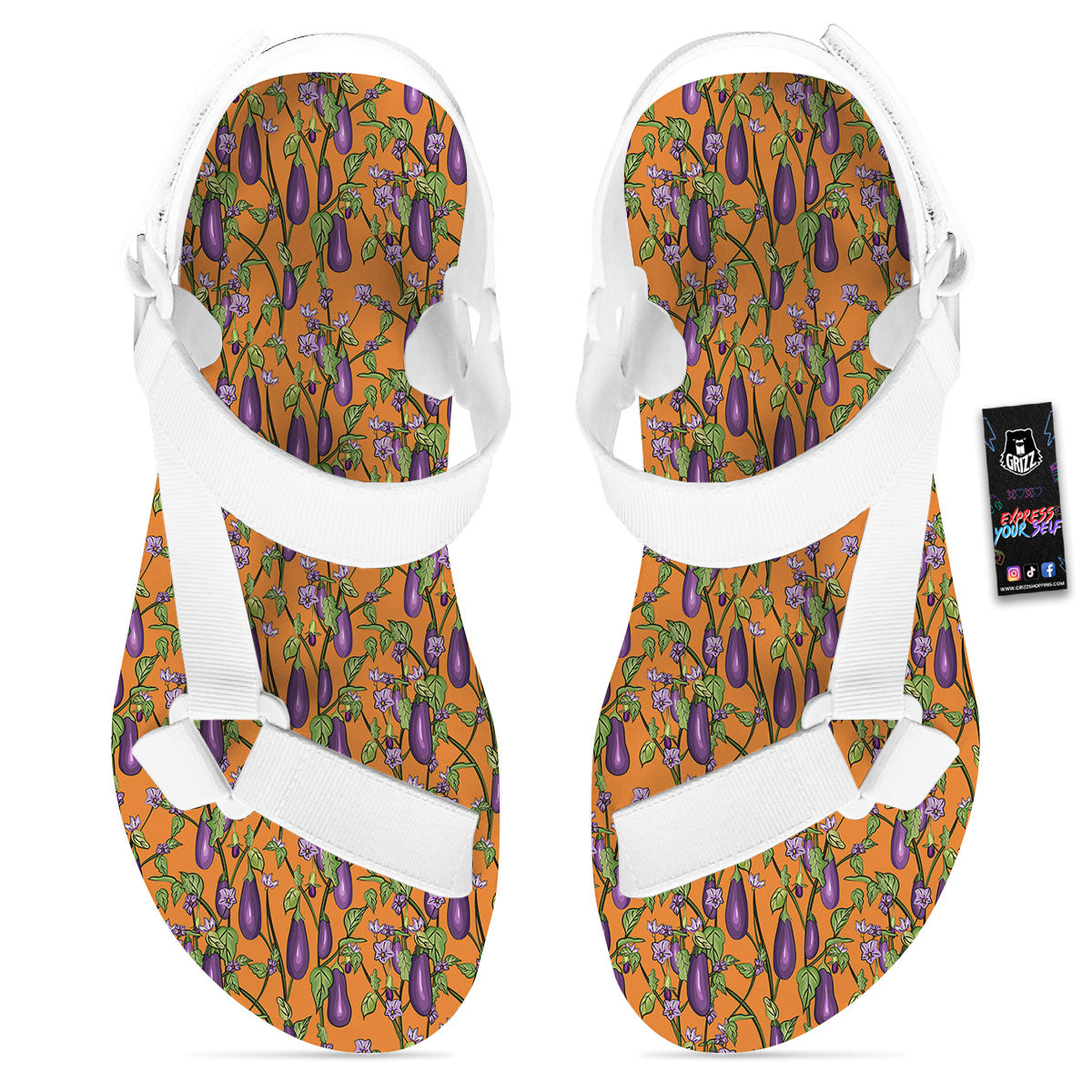 Flowers And Eggplant With Leaves Print White Open Toe Sandals-grizzshop