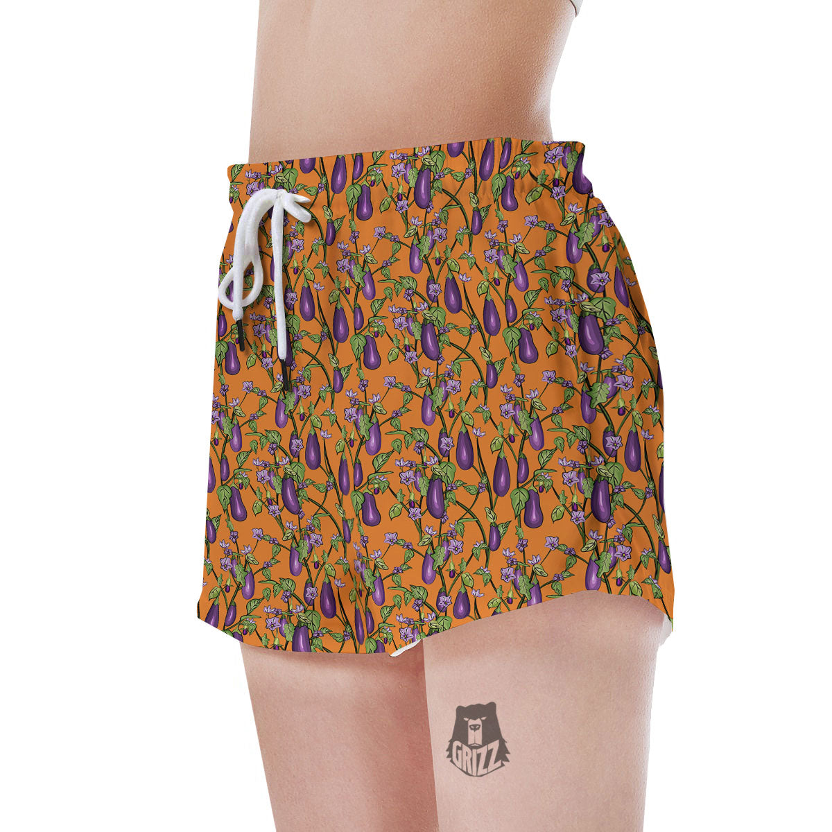 Flowers And Eggplant With Leaves Print Women's Shorts-grizzshop