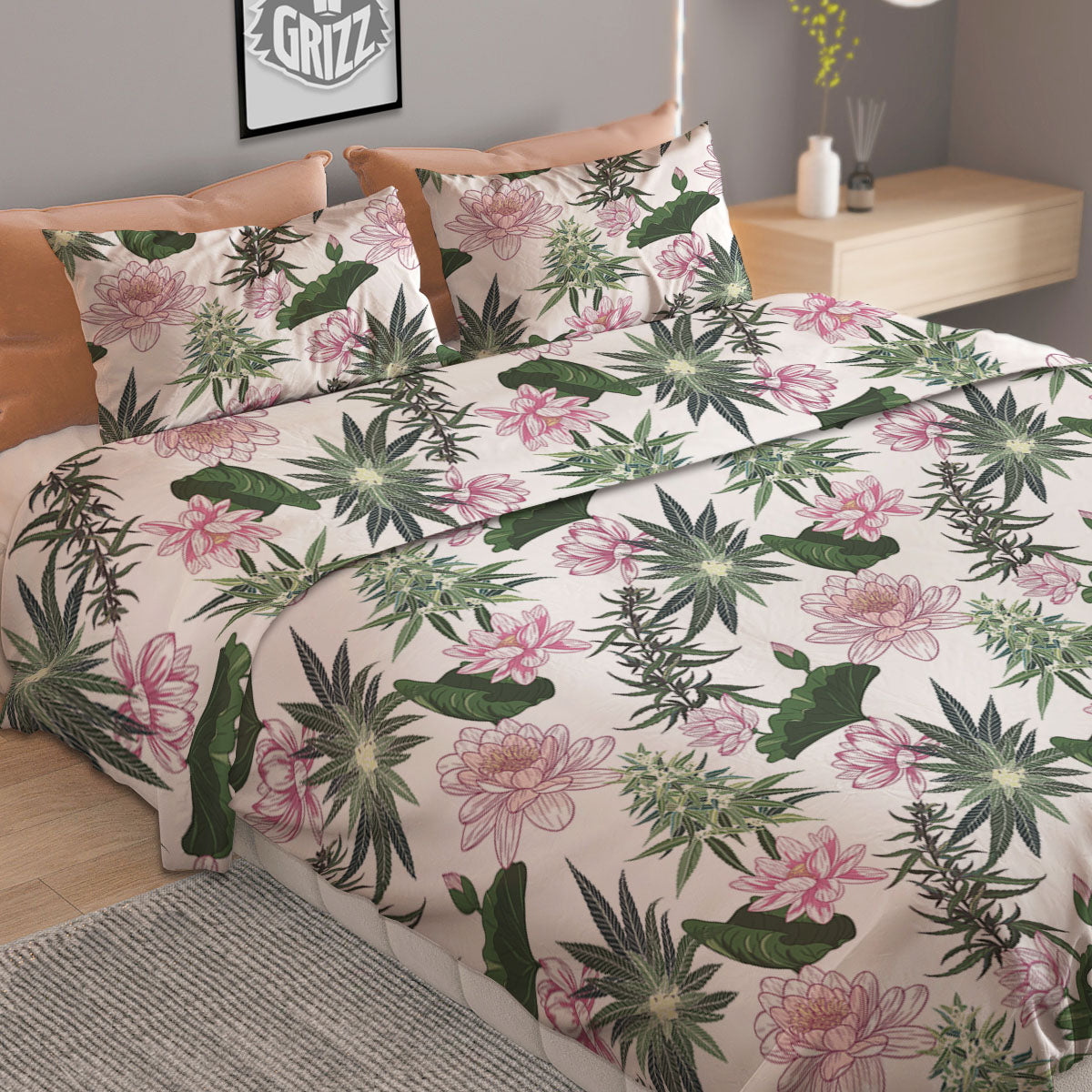 Flowers And Hemp Leaves Print Pattern Duvet Cover Bedding Set-grizzshop