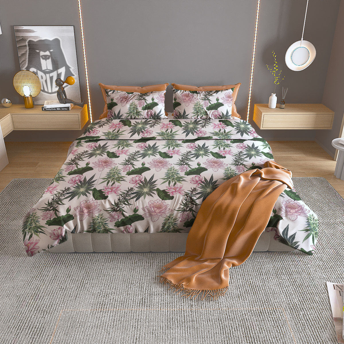Flowers And Hemp Leaves Print Pattern Duvet Cover Bedding Set-grizzshop