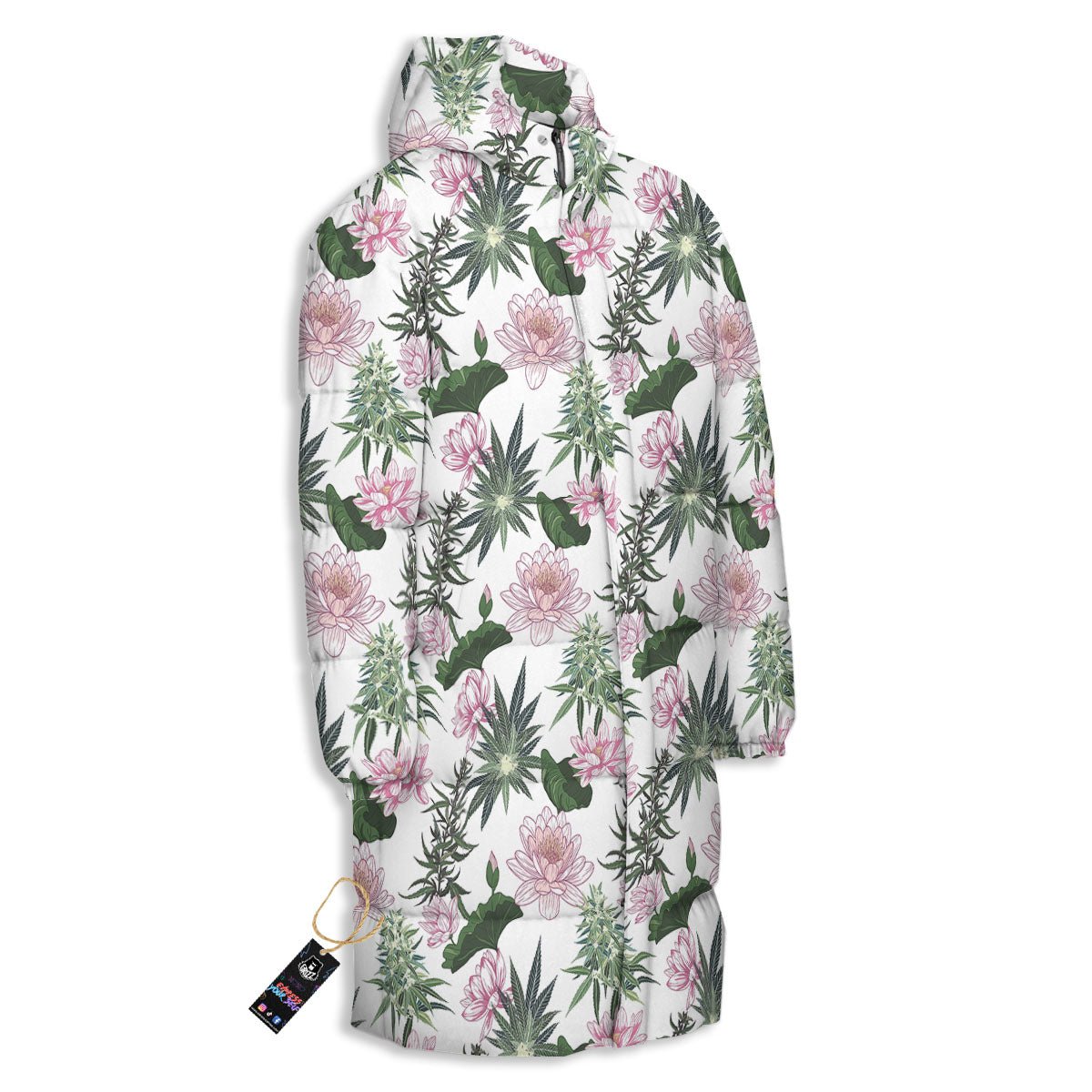 Flowers And Hemp Leaves Print Pattern Long Down Jacket-grizzshop
