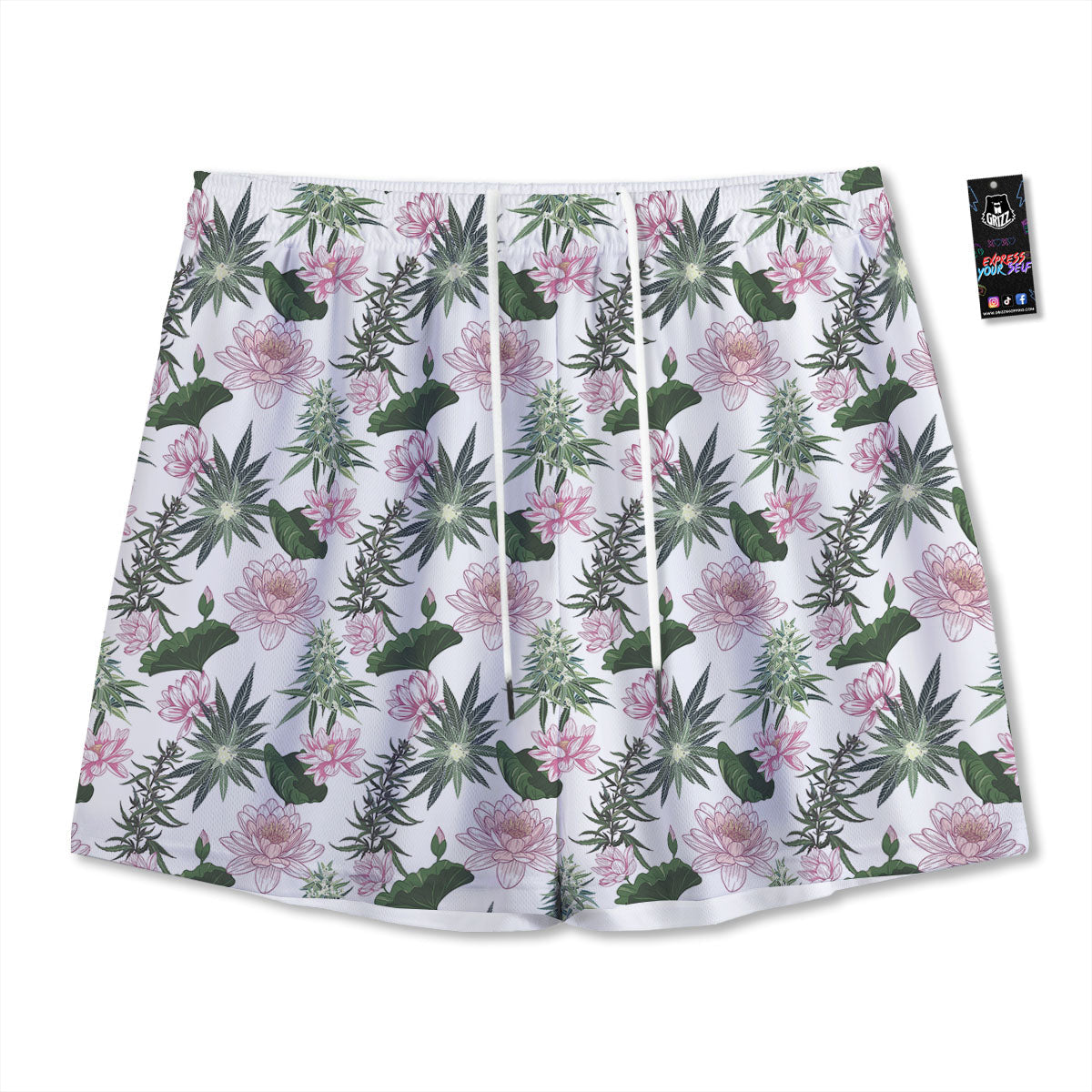 Flowers And Hemp Leaves Print Pattern Mesh Shorts-grizzshop