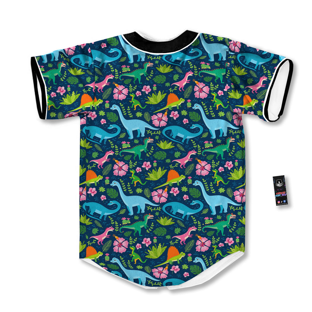 Flowers And Leaves Cute Dino Print Baseball Jersey-grizzshop