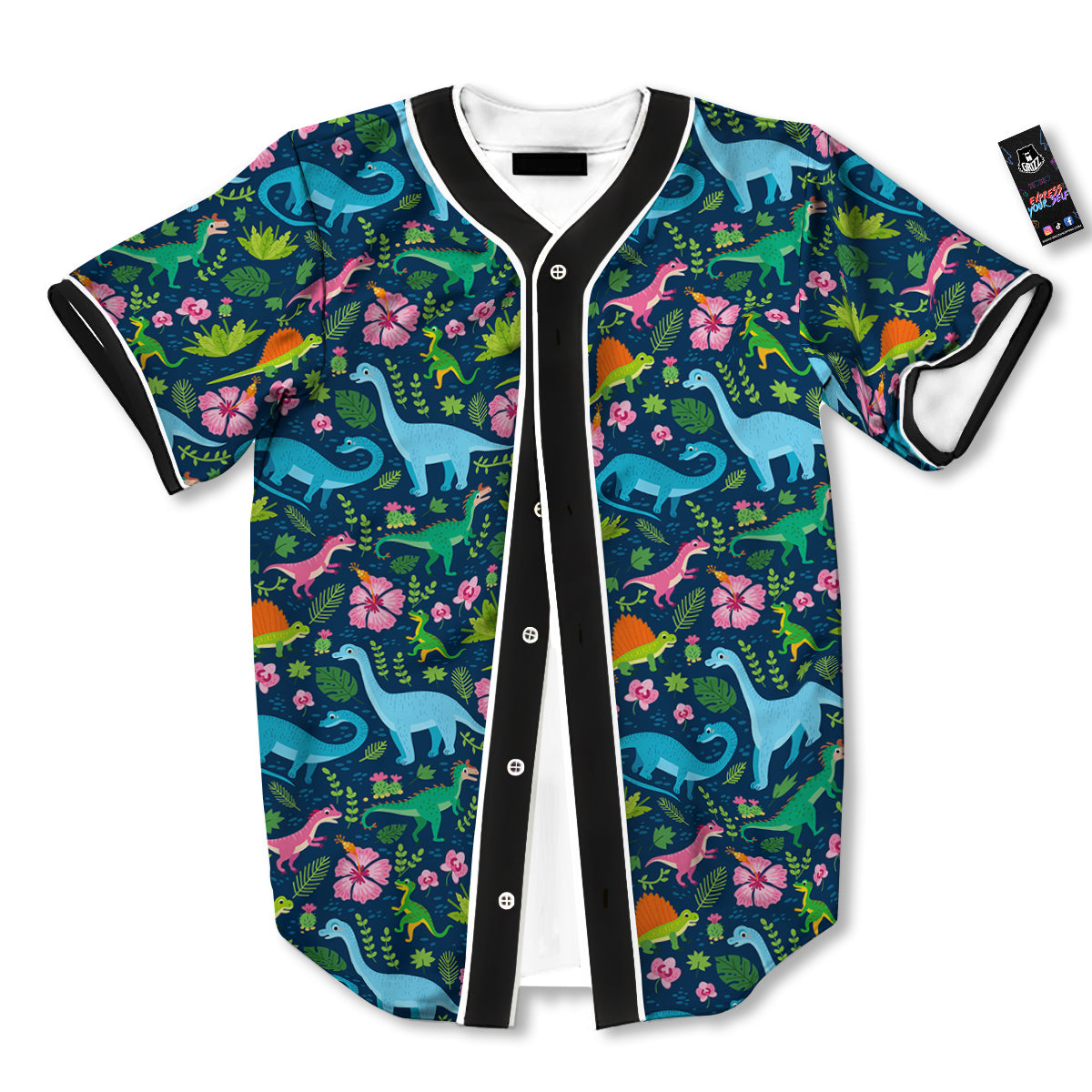 Flowers And Leaves Cute Dino Print Baseball Jersey-grizzshop