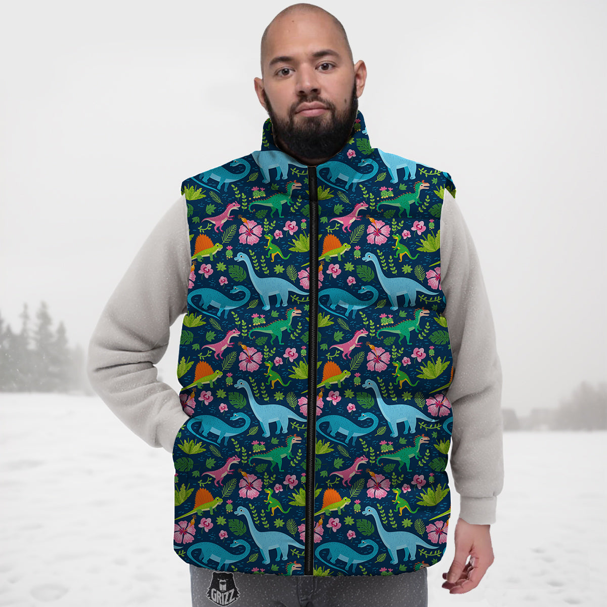 Flowers And Leaves Cute Dino Print Down Vest-grizzshop