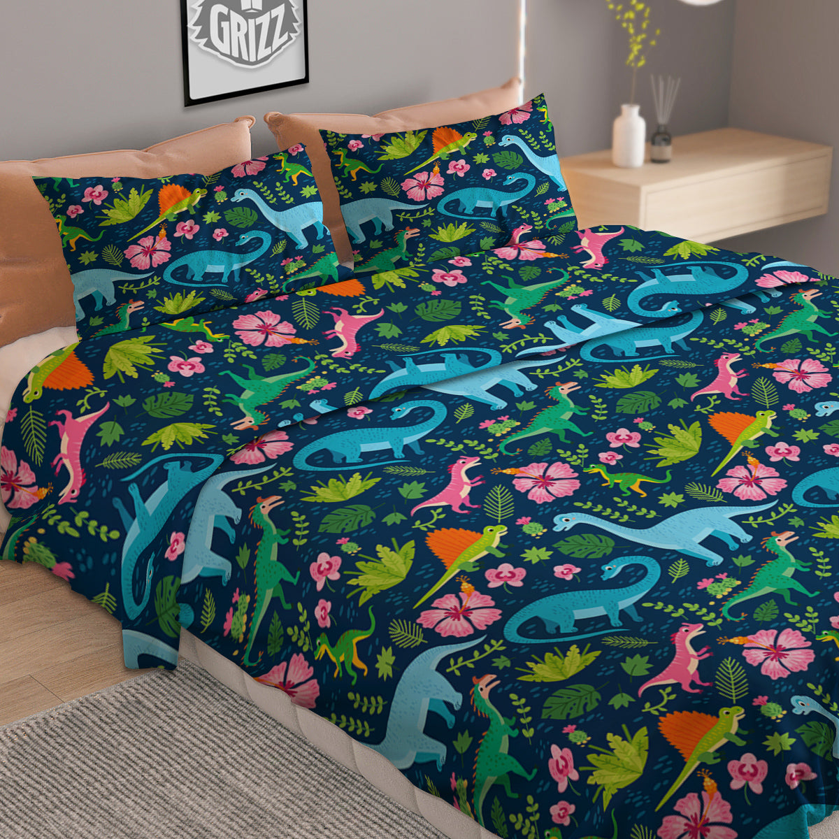 Flowers And Leaves Cute Dino Print Duvet Cover Bedding Set-grizzshop