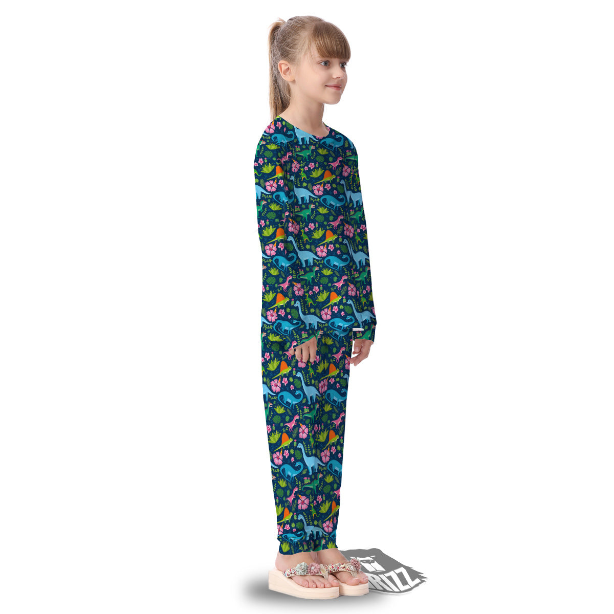Flowers And Leaves Cute Dino Print Kid's Pajamas-grizzshop