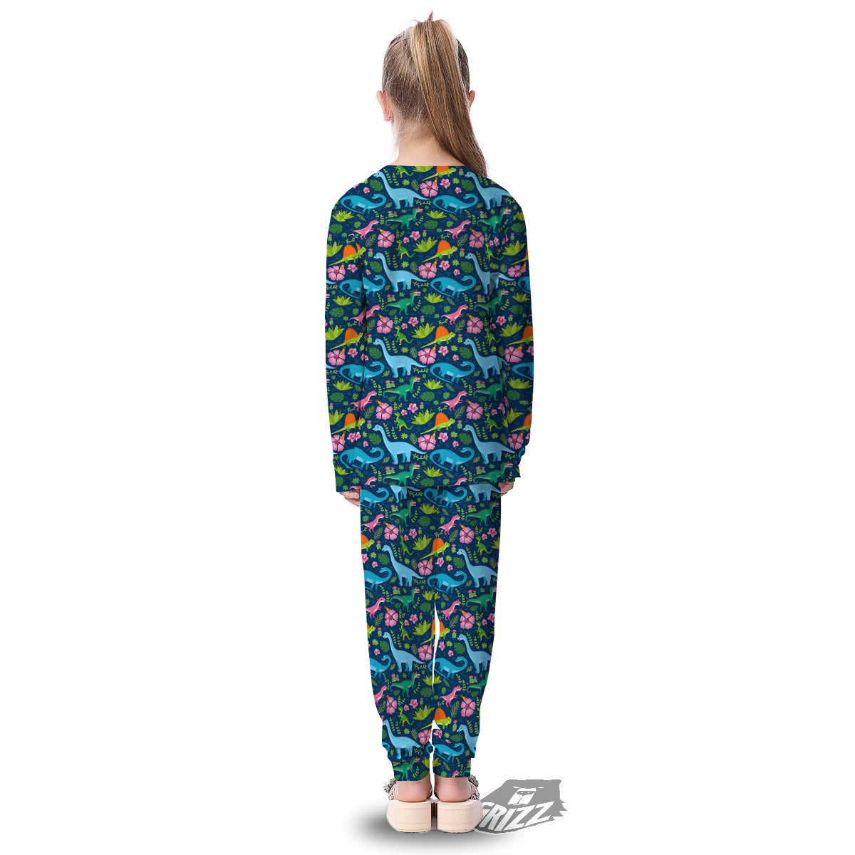 Flowers And Leaves Cute Dino Print Kid's Pajamas-grizzshop