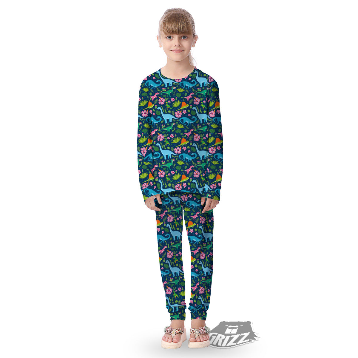 Flowers And Leaves Cute Dino Print Kid's Pajamas-grizzshop