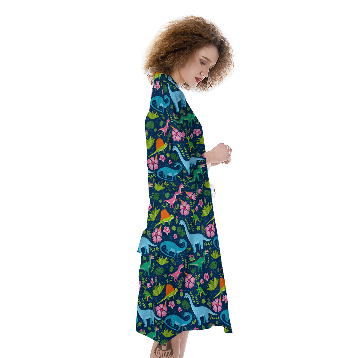 Flowers And Leaves Cute Dino Print Kimono-grizzshop