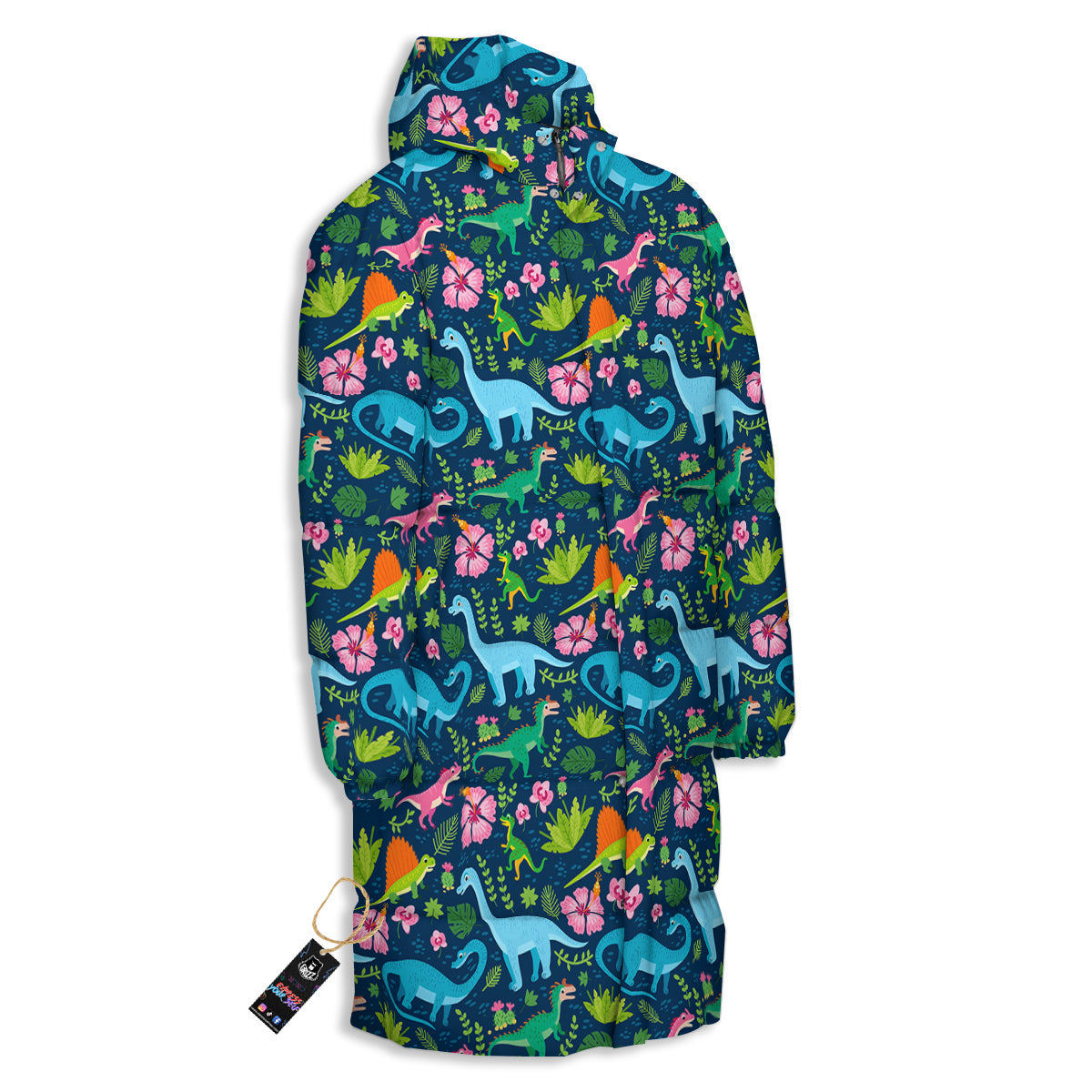 Flowers And Leaves Cute Dino Print Long Down Jacket-grizzshop