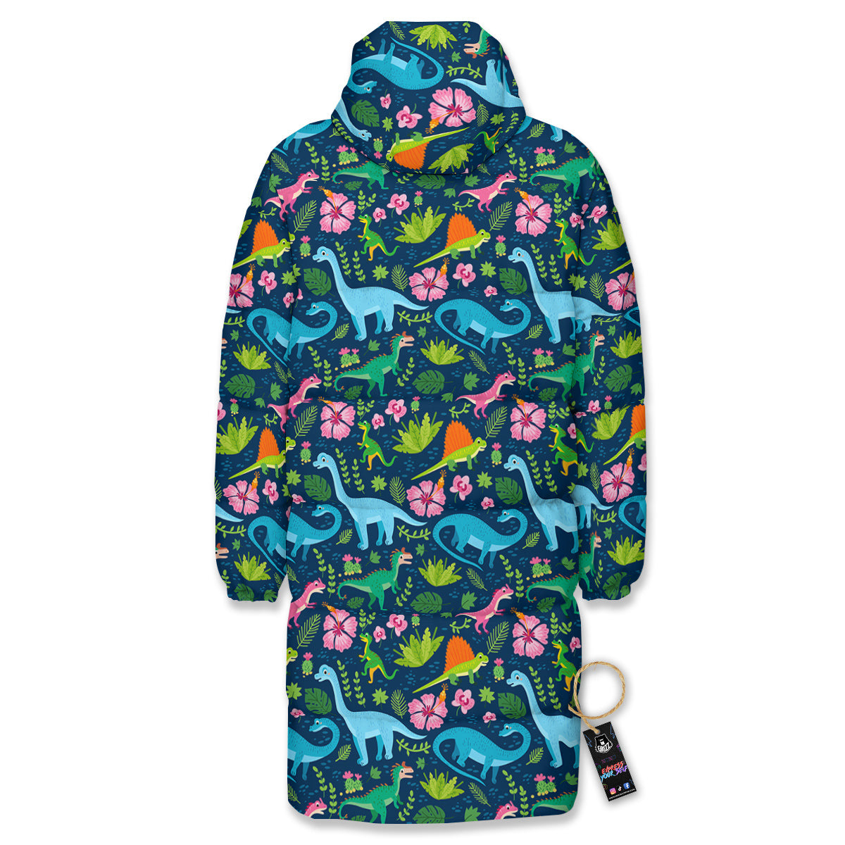 Flowers And Leaves Cute Dino Print Long Down Jacket-grizzshop